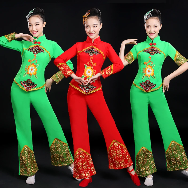 

New Arrive Chinese Classical Dance Square Dance Clothing Yangko Dance Stage Performance Fan Dance Costumes Rose Red Green