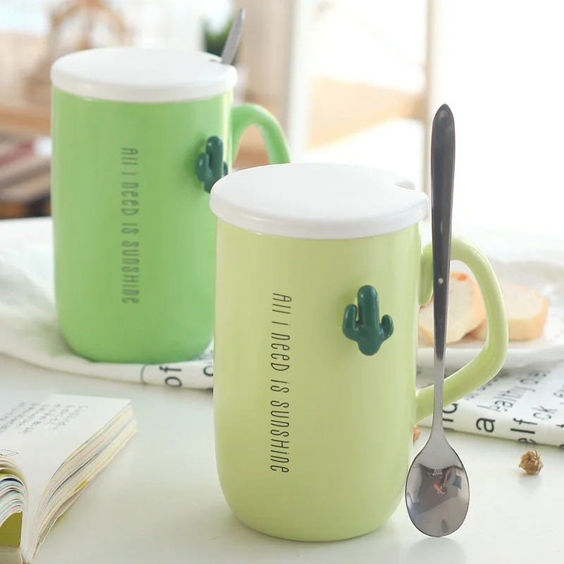 450ml Creative Cactus ceramic mugs embossed cup romantic Drinkware simple coffee Mugs with stainless steel spoon And Lid | Дом и сад