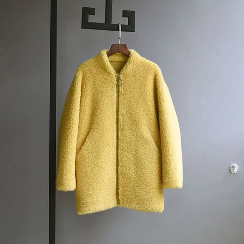 Цвет: желтый OFTBUY зимняя женская куртка, пальто из натурального меха, новинка, пальто для стрижки овец, женское Свободное пальто из овечьей шерсти, верхняя одежда, уличная одежда, новинка - Цвет: Цвет: желтый