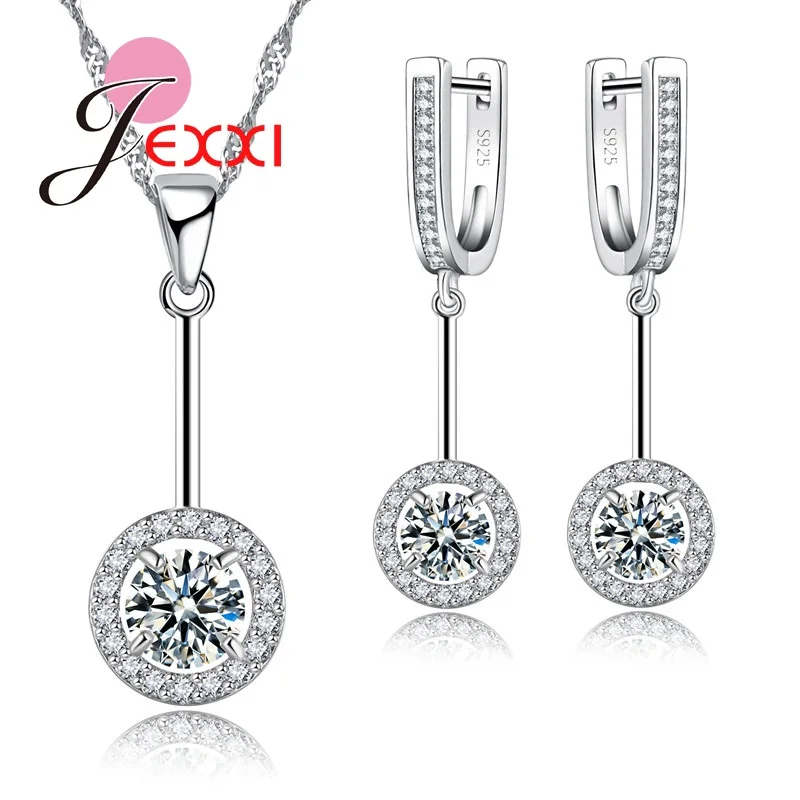 

Wholesale Hollow Round Pendant Necklace Earrings 925 Sterling Silver Fashion Jewelry Set Shiny Cubic Zirconia CZ Crystal