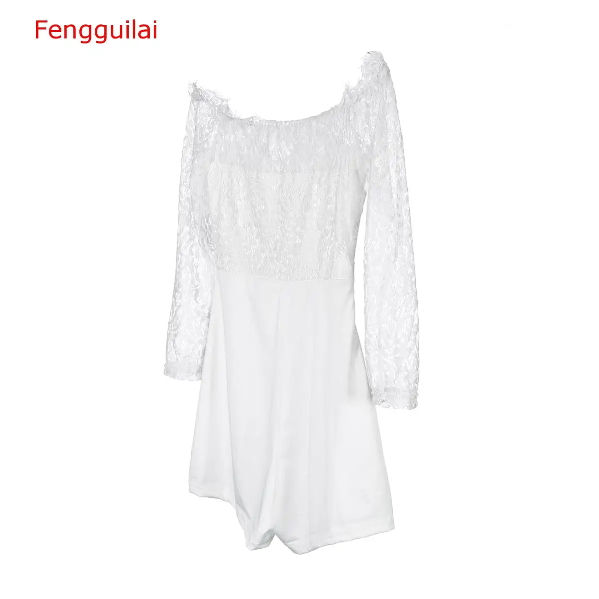 Женский кружевной комбинезон белый Облегающий с открытыми плечами короткие