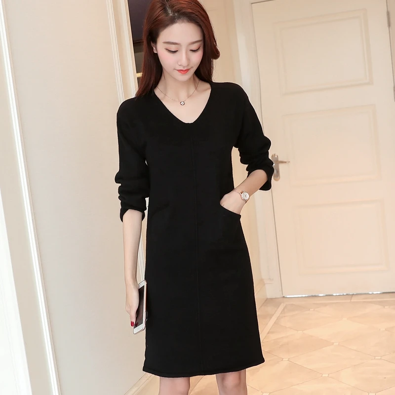 2017 Korean winter women's new poetry Jiaɾn cocoon knit dress female V collar in the long section of loose sweater | Женская