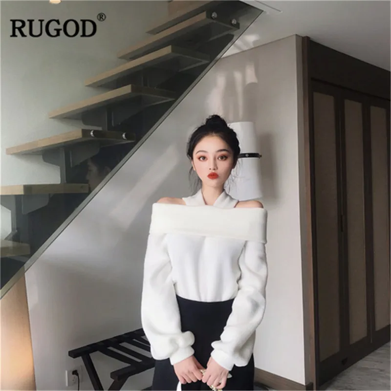 RUGOD корейский элегантный однотонный для женщин рукав-фонарик с открытыми плечами