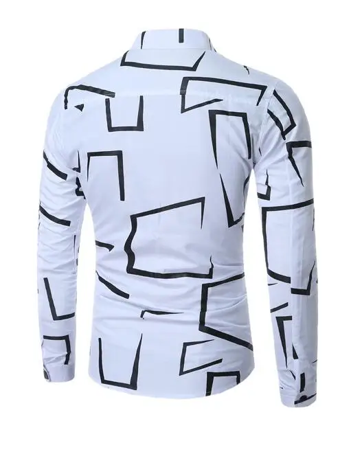 High Quality Men Shirt Brand Fashion Casual Slim Geometric Print Long Sleeve Shirt Men Business Social White Top Clothes