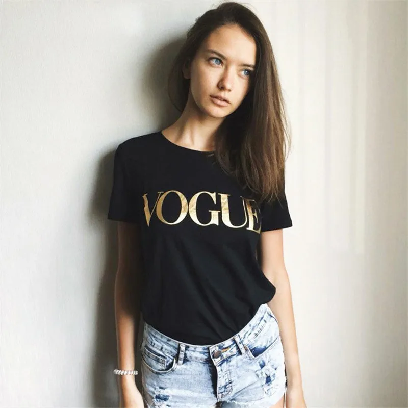 Summer Short Sleeve Black Top 2018 Casual Loose VOGUE Letter Printed Womens T Shirt Tops O-Neck Fashion Tshirt Women Cotton | Женская