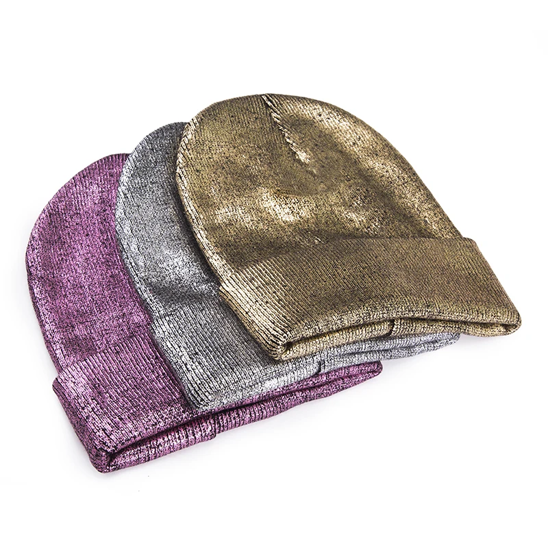 Женская вязаная шапка Skullies Beanies, модная зимняя женская шапка с золотым тиснением, одноцветная шапка бини, Женская мигающая шапка Skullies для девушек
