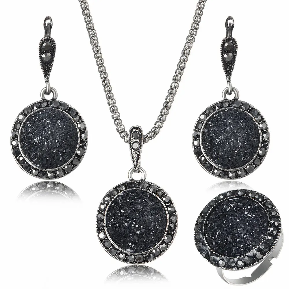 Vintage Crystal Wedding Engagement Jewelry Sets for Women Rhinestone Round Necklaces Pendants Drop Earrings Ring Set | Украшения и