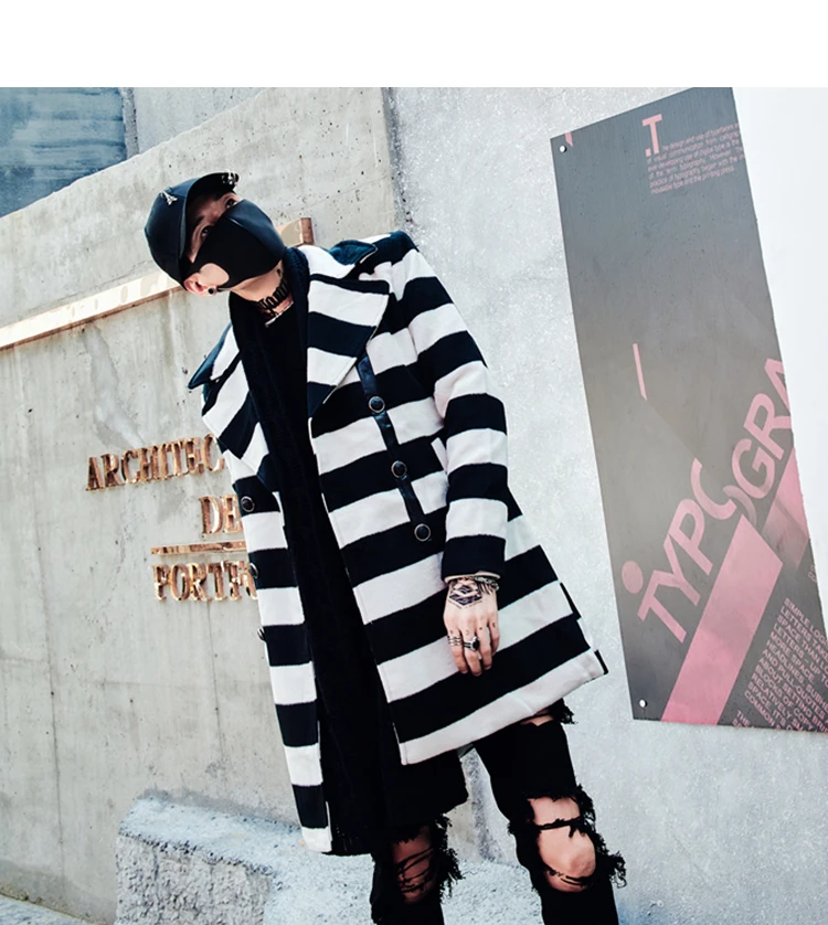 New Arrival Darkly Western Style Fashion Slim Mens Mid-Long Wool coat Hip Hop Autumn Male Casual Striped Overcoats Streetwear