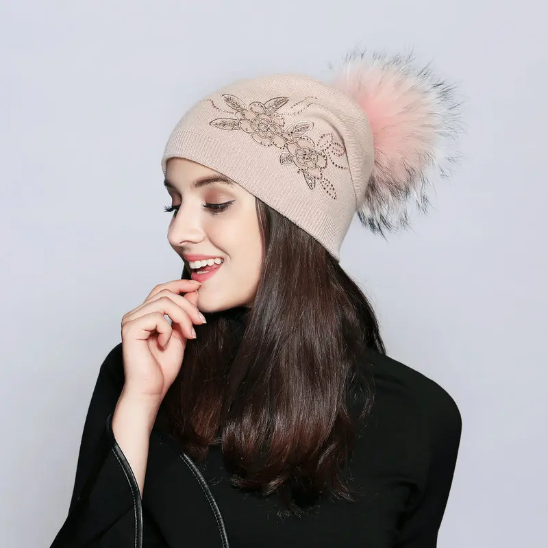 Pom Poms шапка ушанка зимние шапки для женщин натуральным Мех животных обувь девочек