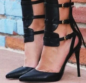 Модные босоножки на высоком каблуке с острым носком кожаная женская обувь