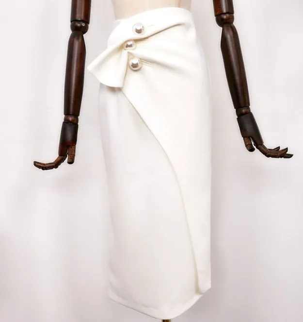 white skirt pearl Многослойная шифоновая, с завязывающимся бантом блузка рубашка+ Высокая талия с перламутрой пуговицей, облегающая юбка из двух частей Для женщин сезон: весна–лето, костюмы с юбкой - Цвет: white skirt pearl