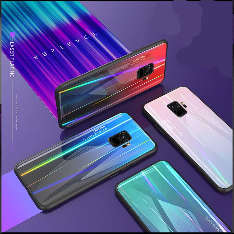 

Gradient Laser Tempered Glass Phone Case For Samsung Galaxy S20 S9 S10 Plus Note9 Colorful Aurora Silicone Case Anti-fall Phone