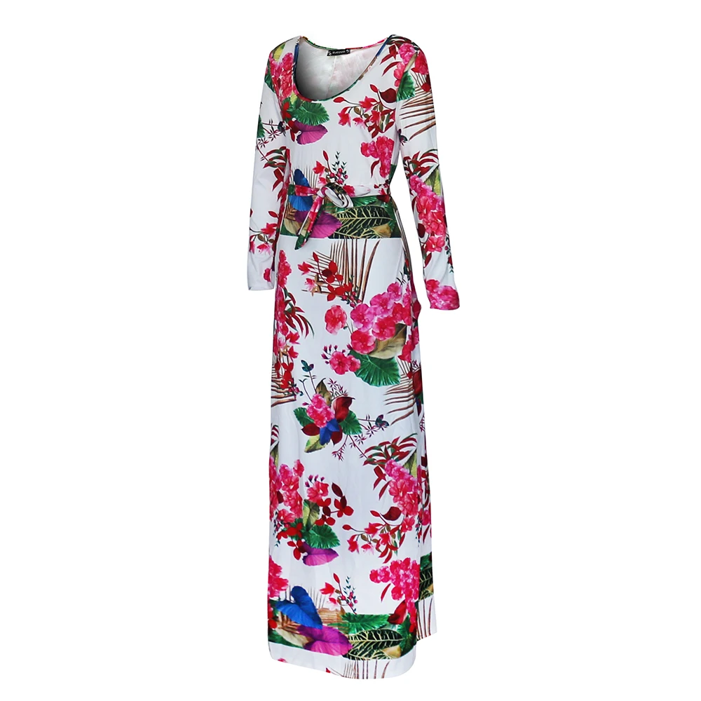 Женское винтажное платье макси с цветочным принтом длинным рукавом и круглым