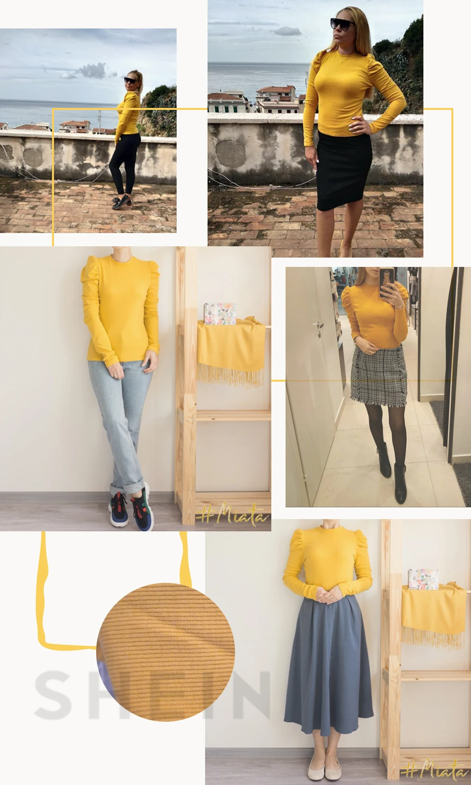 SHEIN, горчичный, элегантный, минималистичный, с пышными рукавами, в рубчик, вязанный, однотонный, пуловер, тонкая, подходит, тройник,, осень, для офиса, леди, женская футболка, Топ