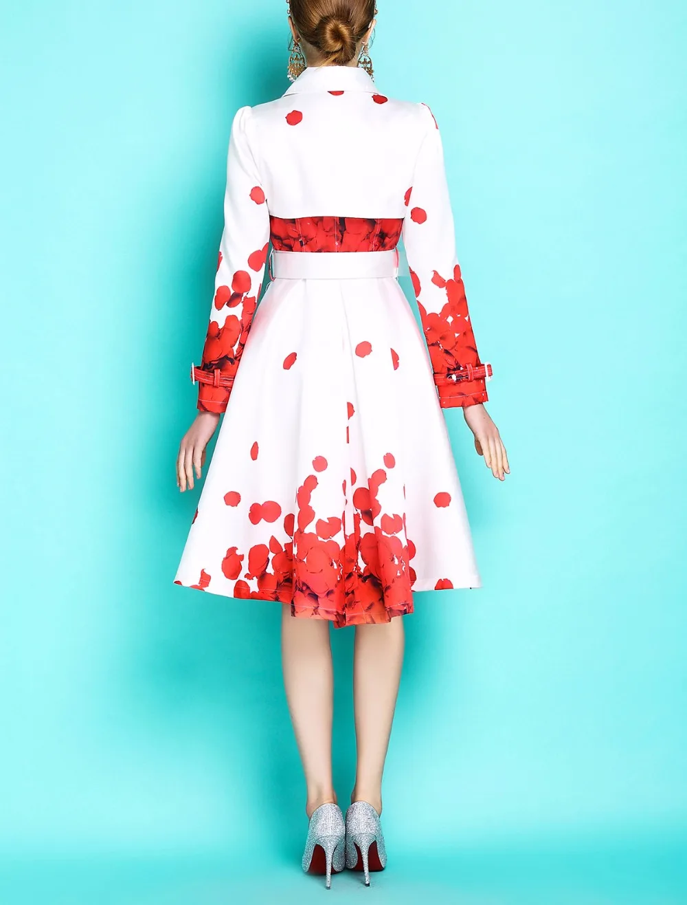 2018 женский белый Тренч с принтом розы Новинка Осень Весна длинный рукав воротник