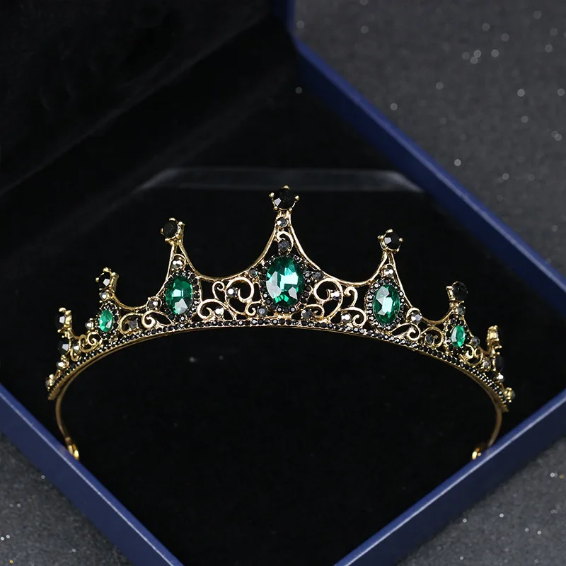 Fashion Vintage Small Baroque Green Crystal Tiaras Crowns for Women Girls Bride Headpieces Veil Tiara Wedding Hair Accessories