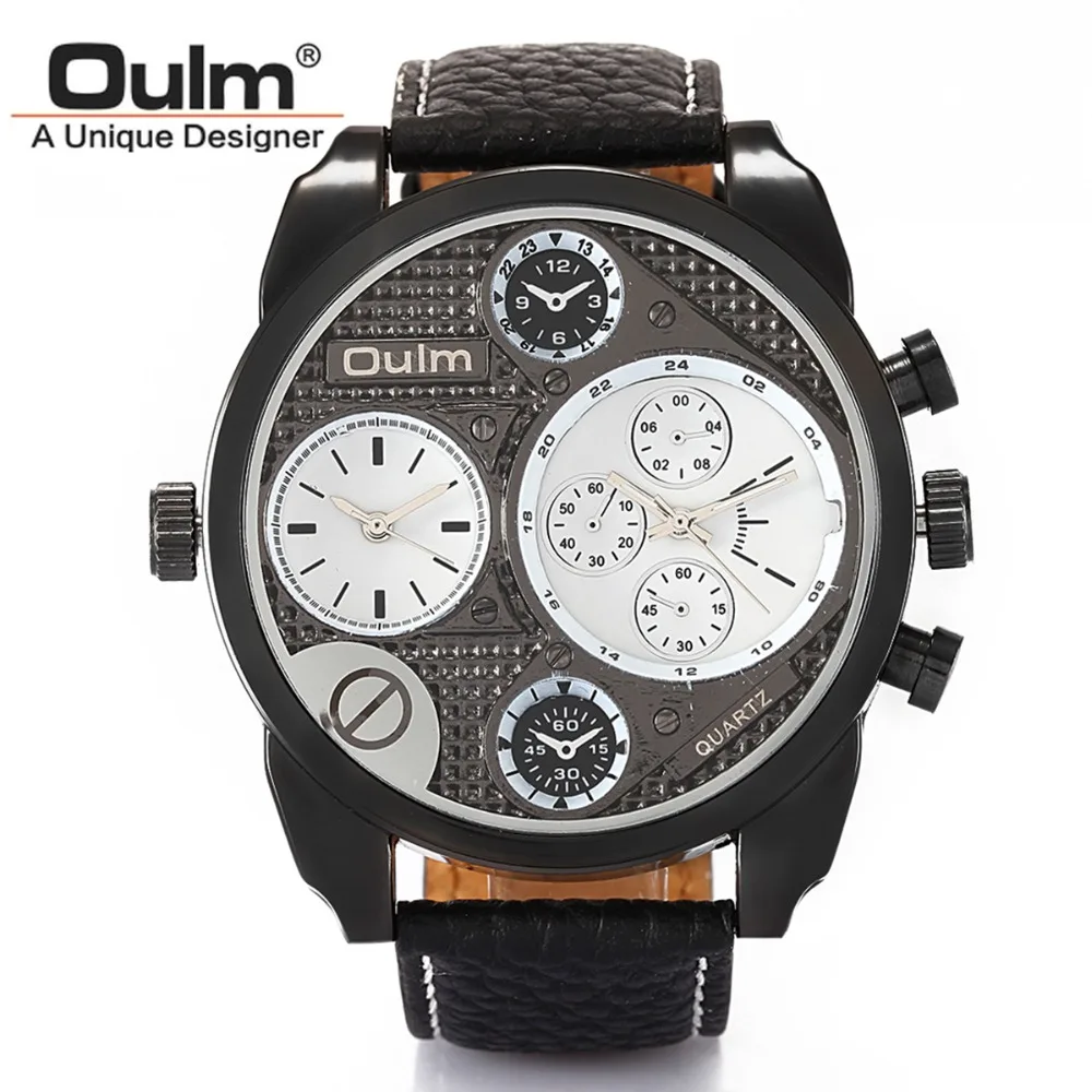 

OULM Brand HP9316 Dual Time Zones Mens Watches High Quality Leather Strap Big Face Japan Movement Quartz Imported Hours New