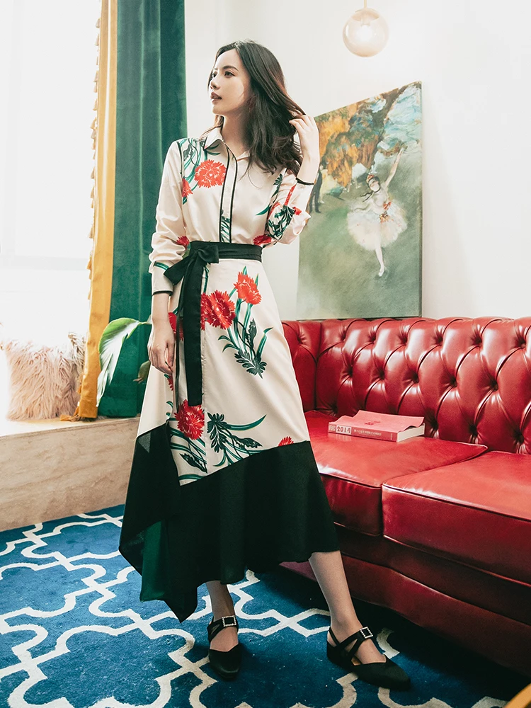 2019 new fashion women's two piece dresses Printed shirt+ irregular skirt | Женская одежда