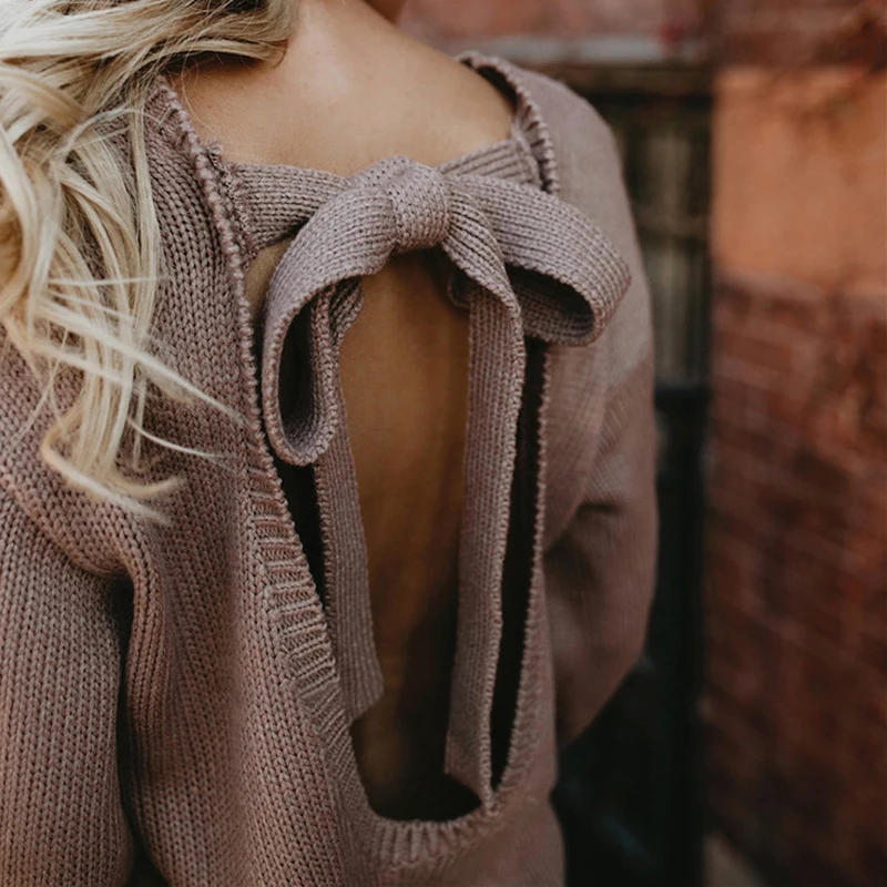 

Sexy Design Backless Knitting Pullover Autumn Bow Hole Sweater Lace Up Winter Tops for Women Hollow Out Bow Jumper Bandage Loose