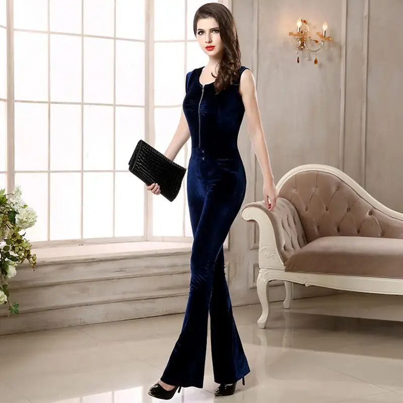 New Winter Sleeveless Elastic Velvet Jumpsuit Zipper Slim Black and Blue 2 Color Leisure Wide Leg Pants Womens Rompers