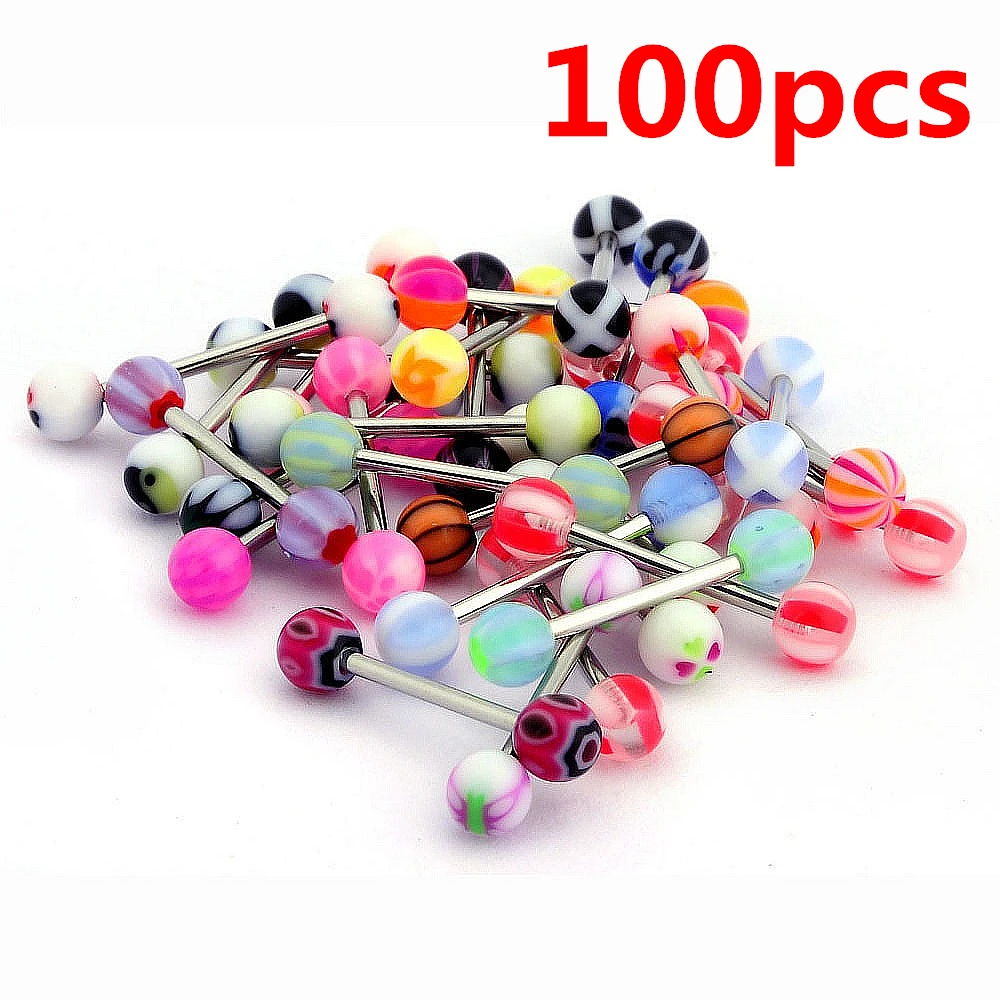 100pcs/Lot Mixed Ball Tongue Ring Navel Nipple Barbell Rings Bars Body Jewelry Piercing | Украшения и аксессуары
