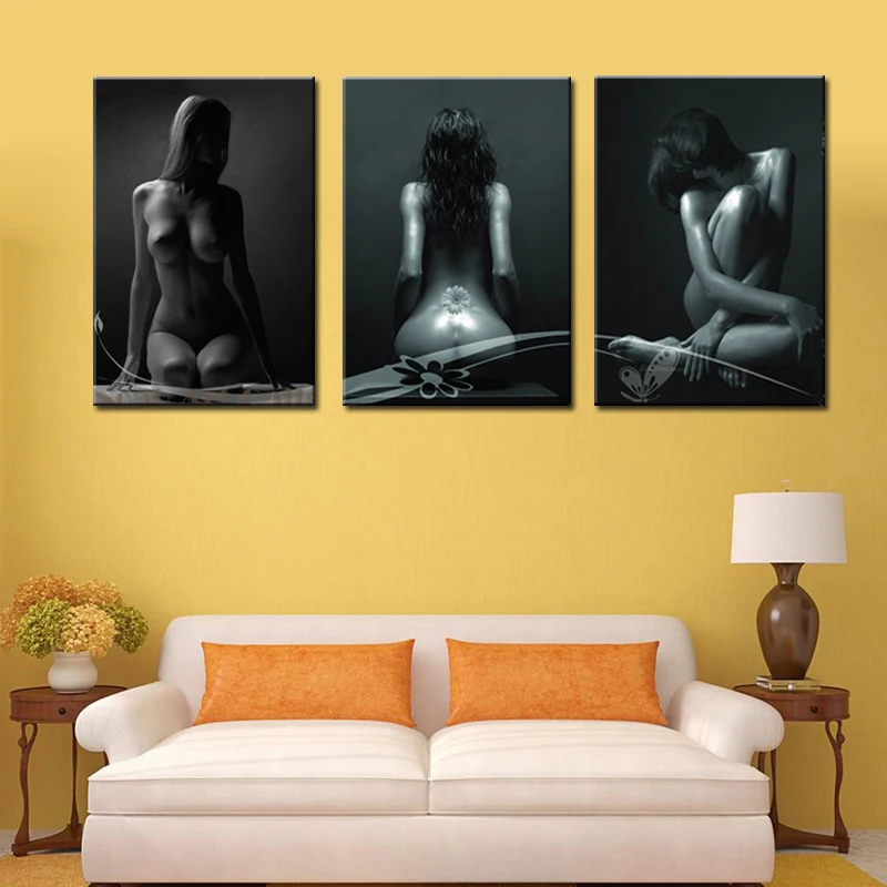 Безрамный 3 панели черный фон для сексуальных женщин ню заднюю картинку холст