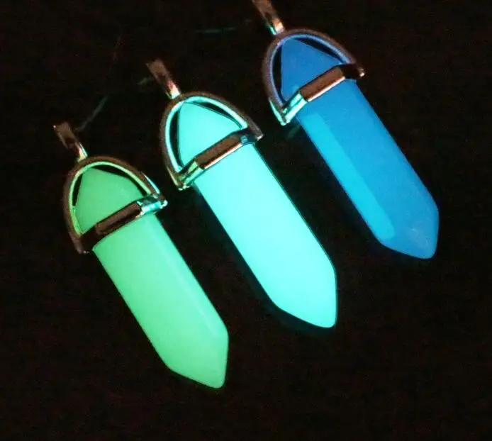 

Dark Luminous Stone Fluorescent Hexagonal Column Necklace Natural Crystal Glowing in Dark Bullet Stone Pendant Leather Necklace