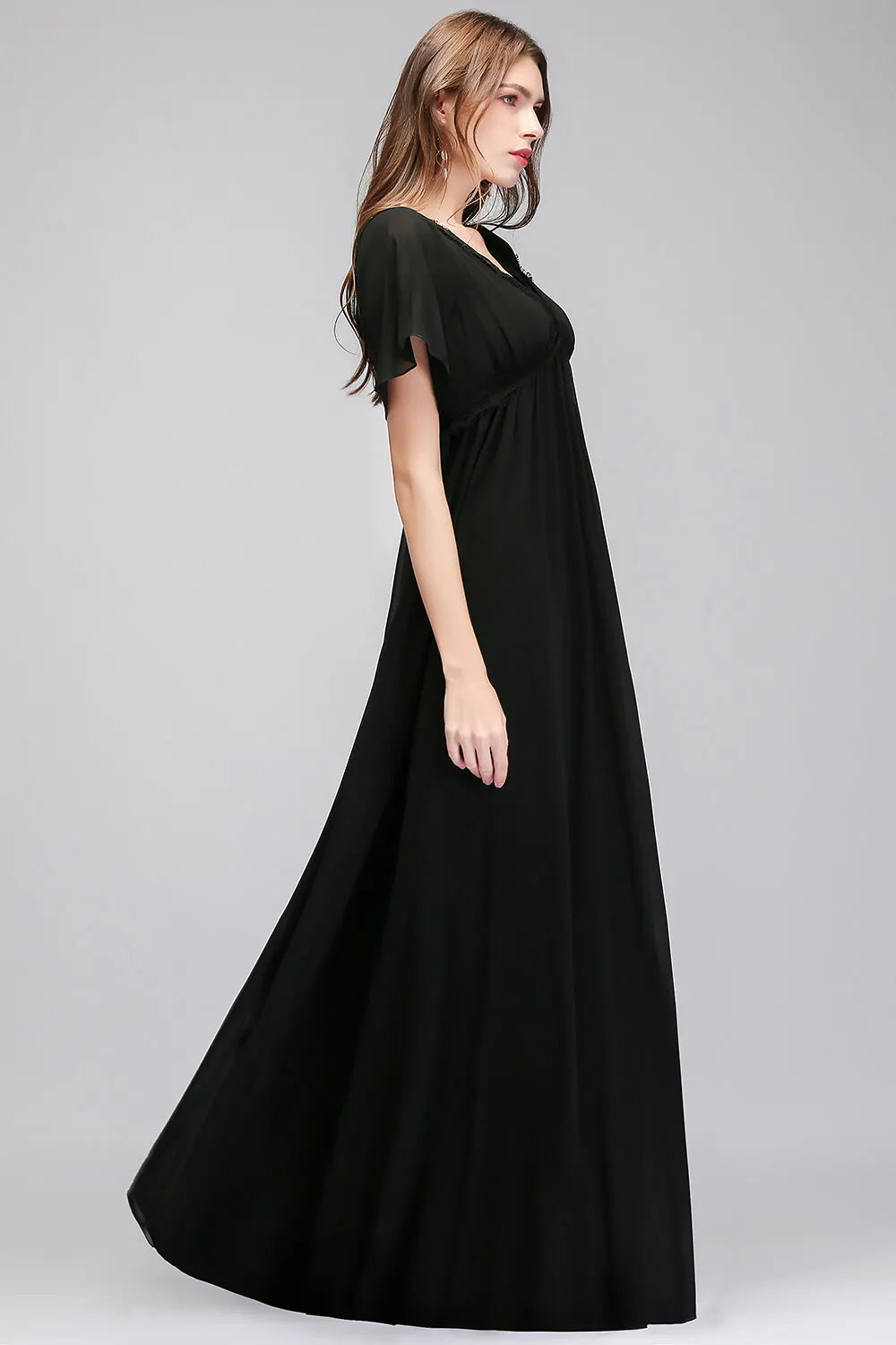 Длинное шифоновое платье Babyonlinedress черное элегантное вечернее с коротким рукавом