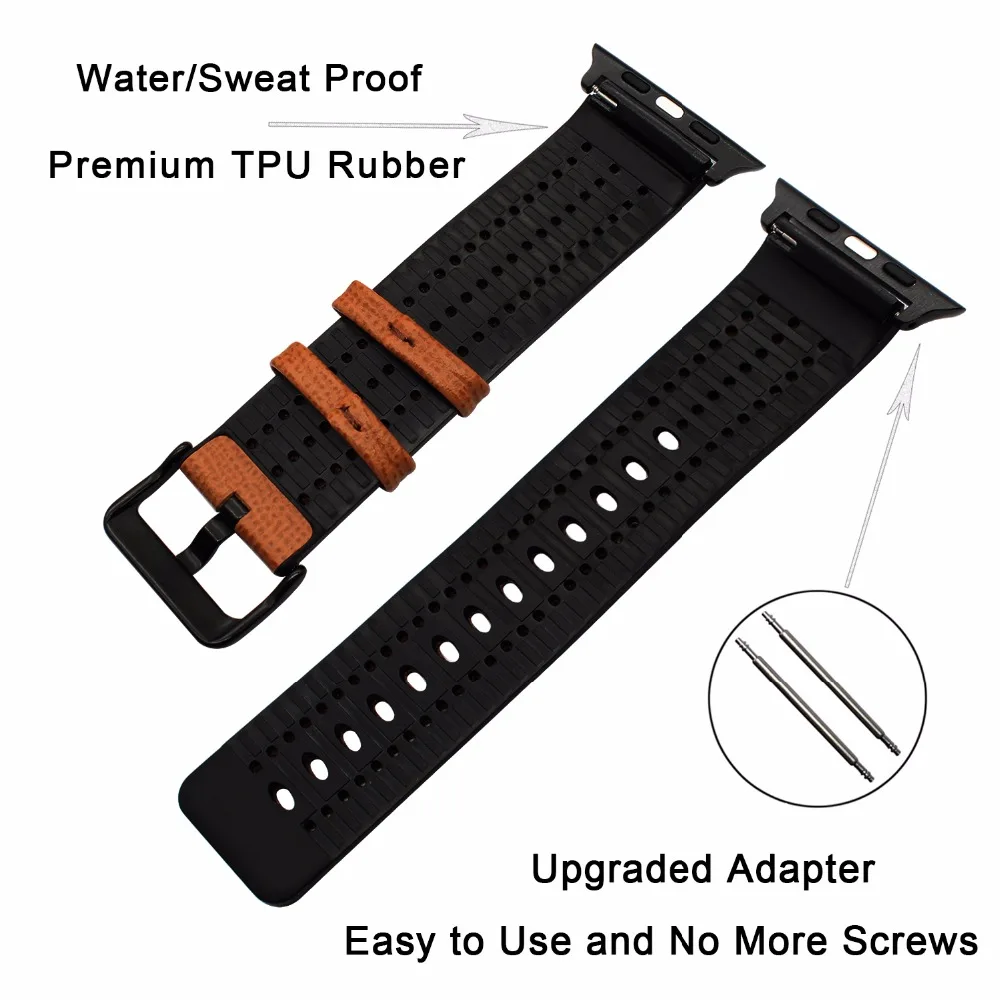Genuine Calf Leather + TPU Rubber Watchband for iWatch Apple Watch 38mm 42mm Series 1 2 3 Wrist Band Steel Buckle Strap Bracelet | Наручные