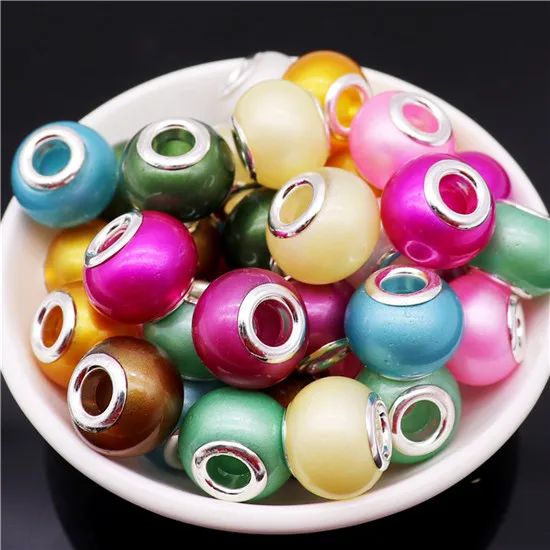 Mixed color 10 шт 16 мм большой круглой формы жемчужные Стеклянные европейские бусины для самостоятельного изготовления ювелирных изделий цепочка Ожерелье Большое отверстие бисера fit Pandora браслет - Цвет: Mixed color