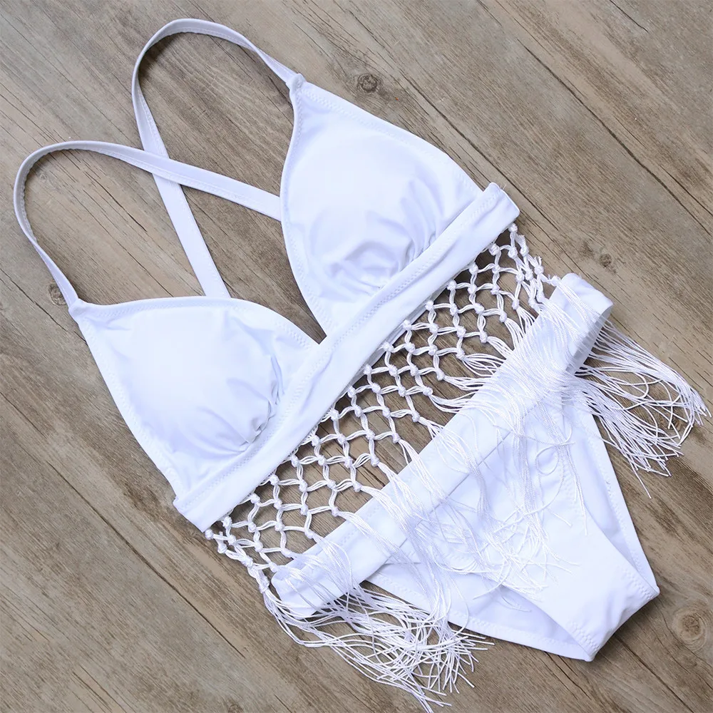 Однотонный черный Бразильский бикини с кисточками купальник бахромой купальные