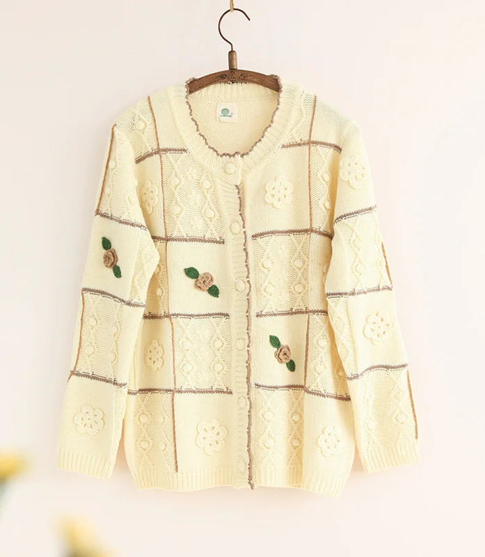 Mori Girl Casual Cute Wave Edge Knitted Women Cardigan Sweater 2017 Autumn Winter Long Sleeve O neck Floral Embroidery |