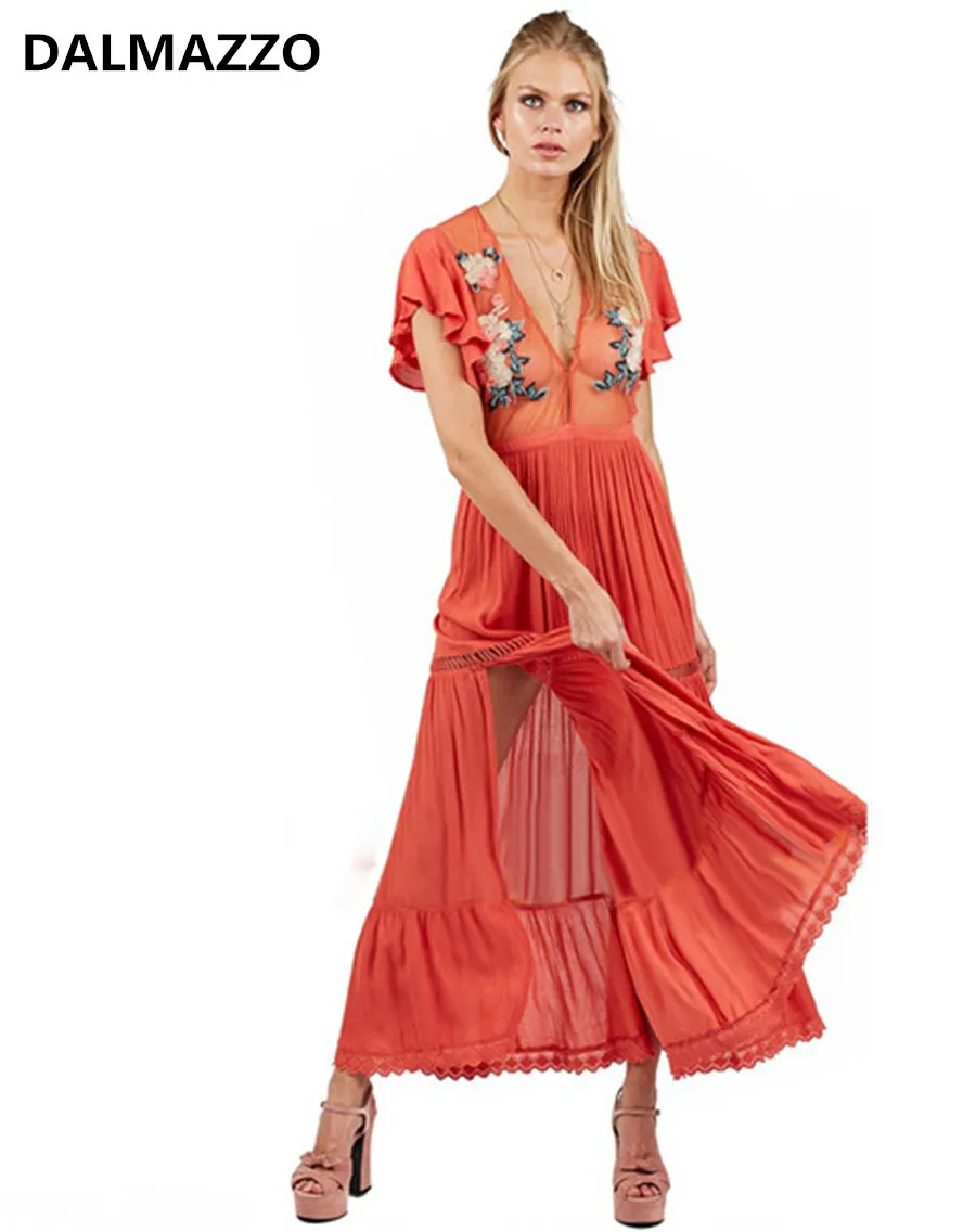 

2018 New Bohemian Chic Flower Embroidery Mexican Boho Women Long Dress High Quality Loose Short Sleeve Perspective Dress Vestido