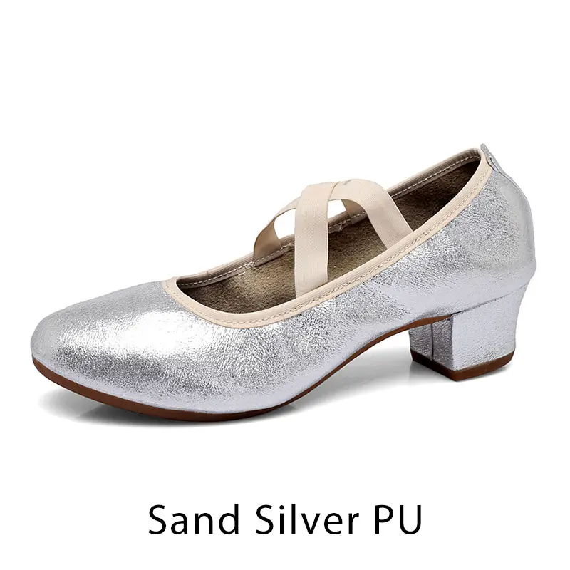 Sand silver Женская танцевальная обувь в стиле джаз на среднем квадратном каблуке новая стильная женская обувь для занятий фитнесом из искусственной кожи и парусины обувь для танцев на мягкой подошве для взрослых, 4 сезона - Цвет: Sand silver