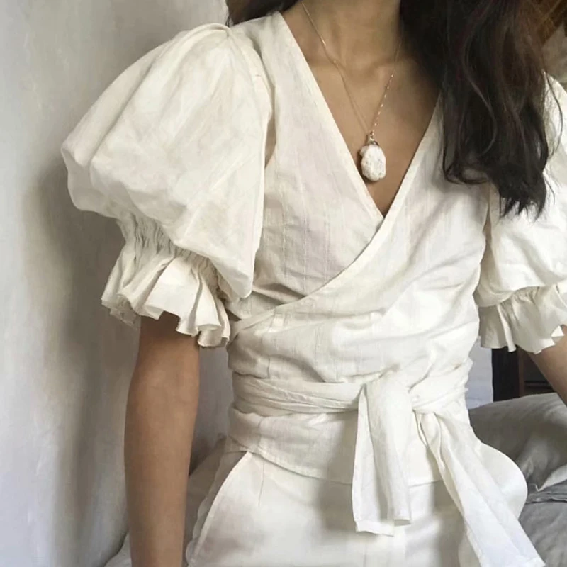 Повседневные кружевные буфы на рукавах с v образным вырезом блузка 2019 женские