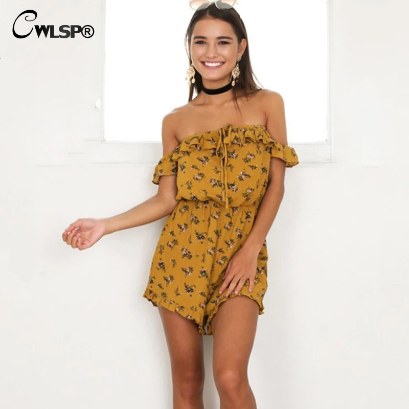 

CWLSP Fashion Beach Sexy Playsuit Slash Neck Off Shoulder Women Short Jumpsuit Print Summer overalls macacao feminino QL2964