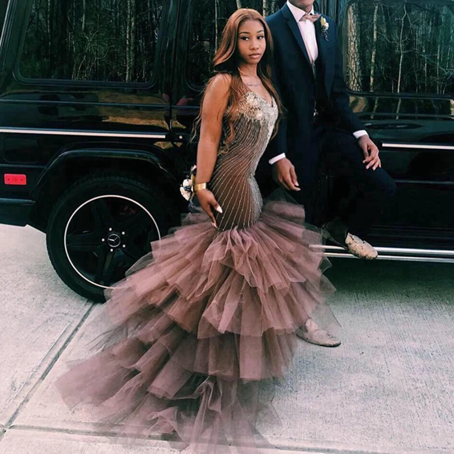 2019 милое платье Русалка для выпускного вечера с бисером и оборками многоярусные