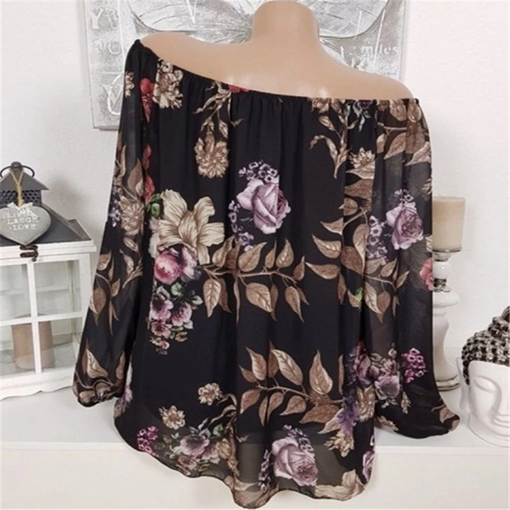 Women Slash Neck Blouse Shirts Sexy Off Shoulder Floral Print Loose Plus Size Summer Long Sleeve Tops Tunic Femme Blusa |