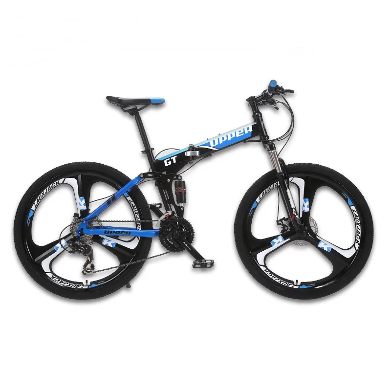 GT-UPPER горный велосипед двухподвесная стальная складная рама 24 скорости Shimano дисковые тормоза литые колеса - Цвет: black blue