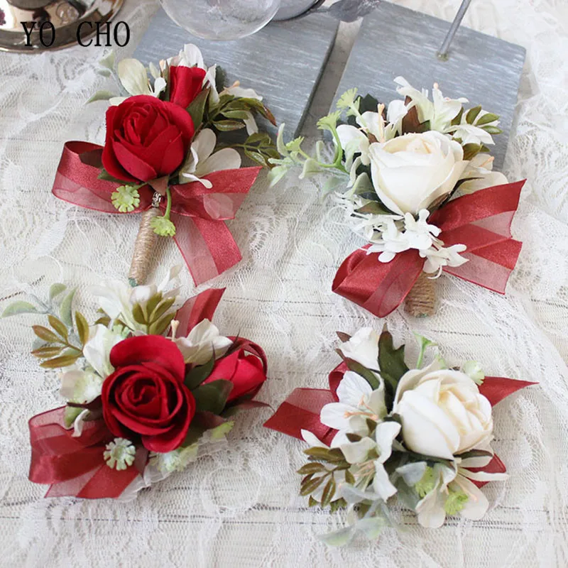 

YO CHO Red Wrist Corsage Bracelet Boutonniere Mariage White Silk Rose Wedding Wrist Corsage Bridesmaid Groom Boutonniere Flowers