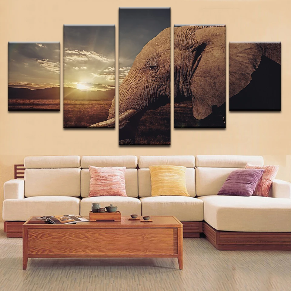 Home Decor Печать на холсте стены Модульная картина 5 Панель животного кадр слона