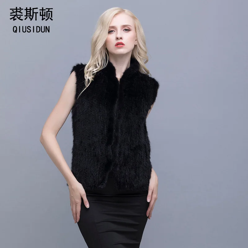 QIUSIDUN 2017 Genuine  Mink knitted Fur Vest Womens Fur Vests  Big Size Women's Winter Vests mink fur coats women fashion black