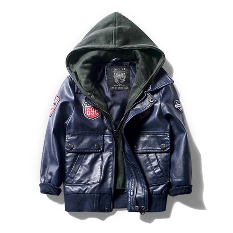 navy blue Кожаные куртки для подростков; зимнее пальто с капюшоном для мальчиков; куртка из искусственной кожи на молнии; детская верхняя одежда для мальчиков; От 3 до 14 лет - Цвет: navy blue
