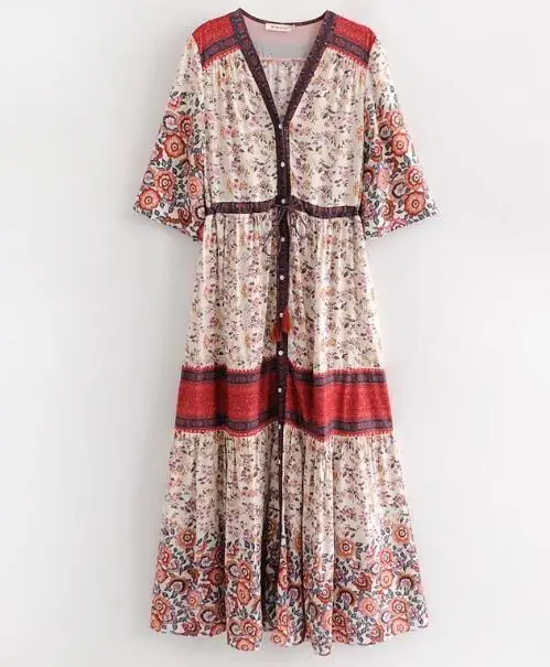 BOHO Deep V neck Open Buttons Blue white Floral Print Dress 2018 Ethnic Woman Half Sleeve Swing Maxi Long Dresses | Женская одежда