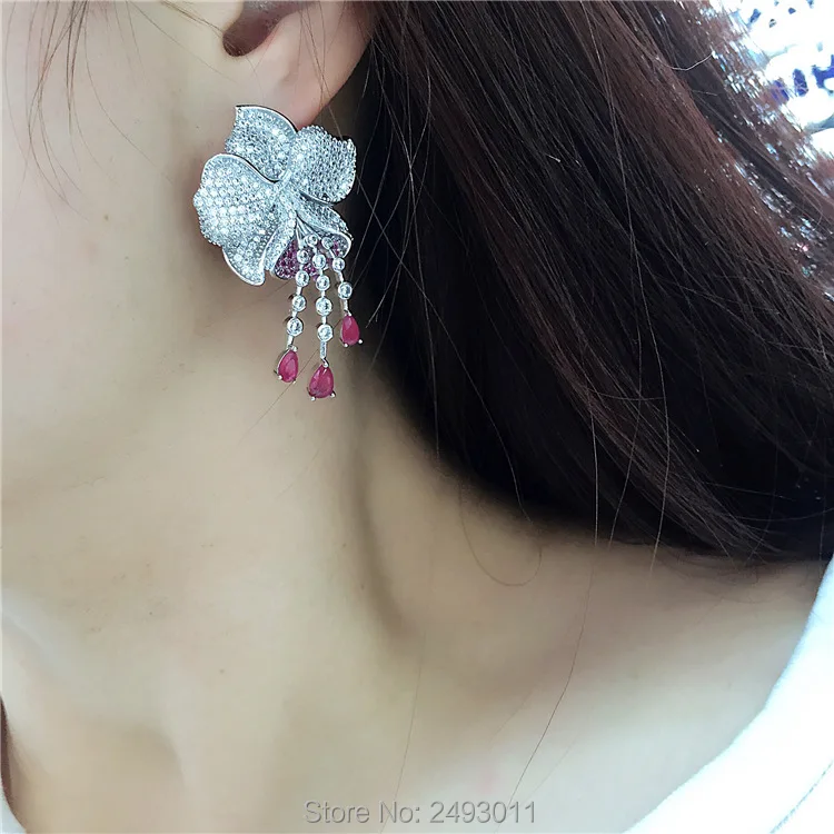 High quality new designer fashion red 3A zirconia crystal flower stud earrings white-gold-color brincos copper jewelry for women | Украшения