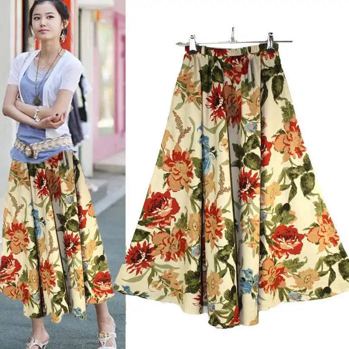 Летняя Повседневная Длинная женская юбка с принтом длинная хлопковая и льняная
