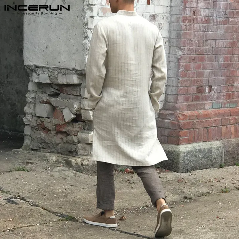 Мужская туника INCERUN длинная в полоску с длинным рукавом и треугольным