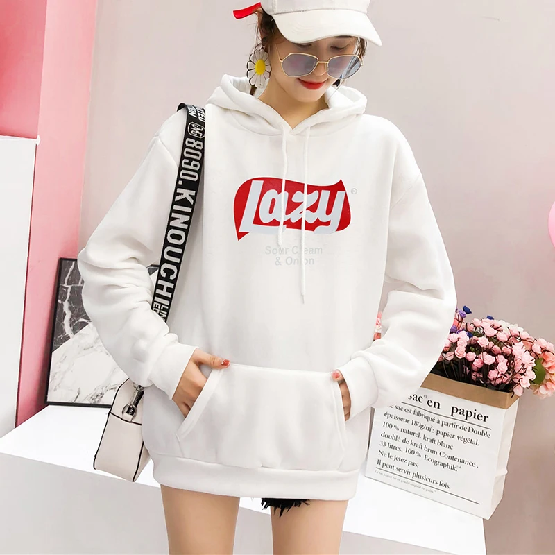 Женский пуловер с капюшоном и принтом Lazy теплая толстовка в стиле Харадзюку 4