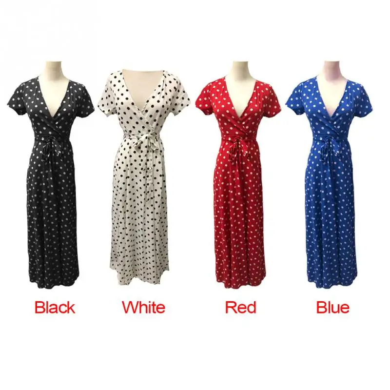 Женское длинное платье в красный и белый горошек Пляжное летнее с треугольным