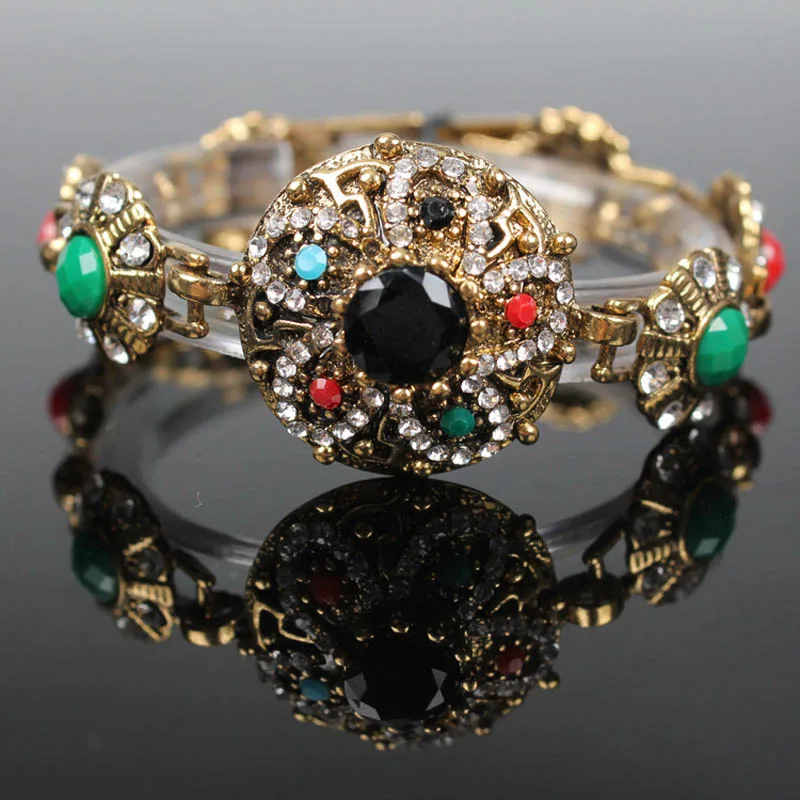 Женский браслет в стиле ретро Bing Tu золотого цвета с разноцветными кристаллами и